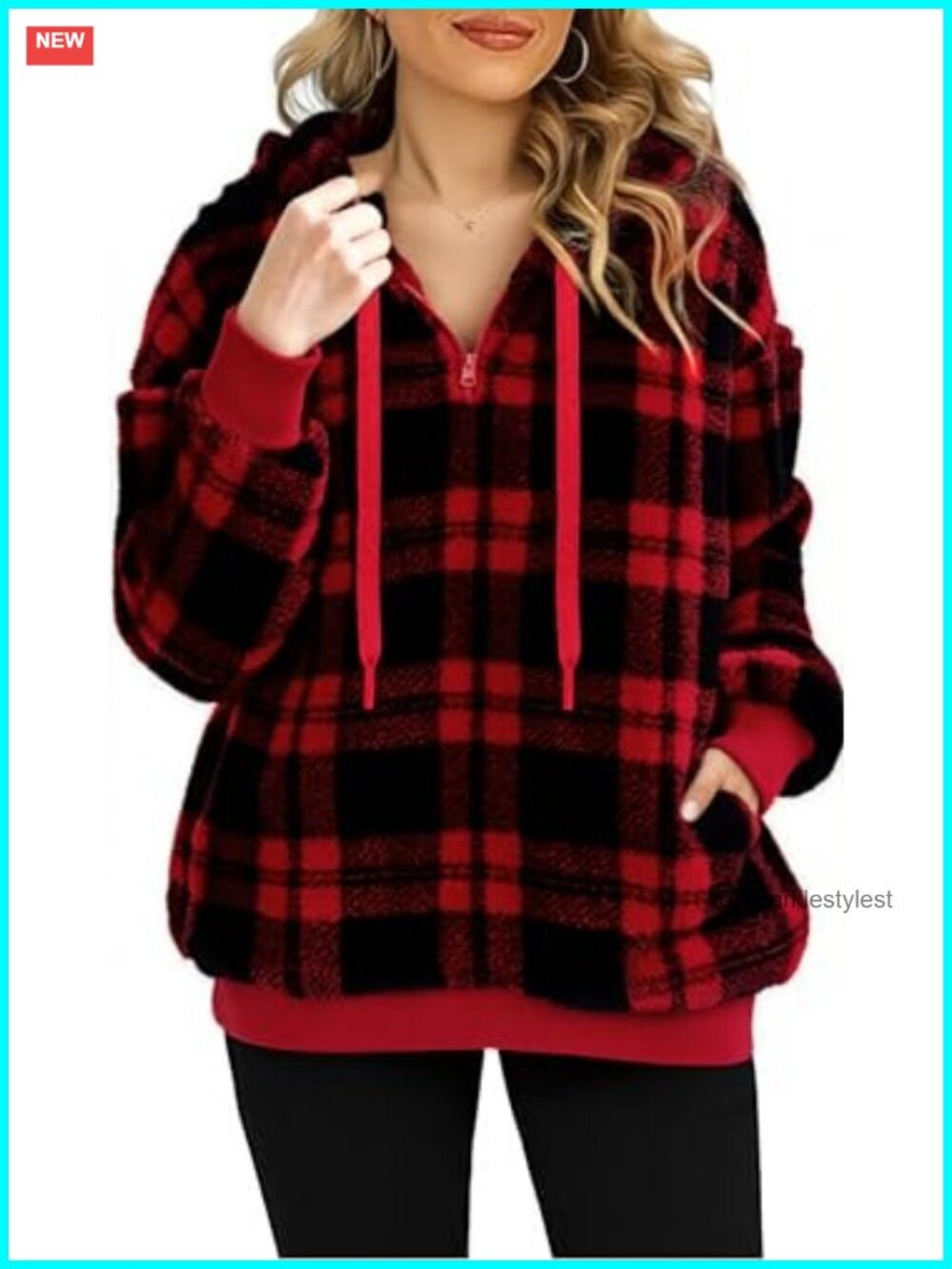 Oversized Sherpa Pullover Fuzzy Hoodie Plaid Lined Double Fleece Sweatshirt